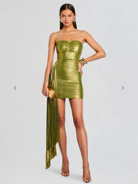 Retrofete Dresses & Skirts - Marcy Dress. Retrofete Metallic Peridot Strapless Dress with Draped Sash